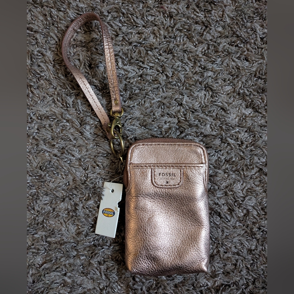 Fossil Pale Rose Metallic Cow Hide Leather Mimi Carryall Zip Wrist Wallet NEW